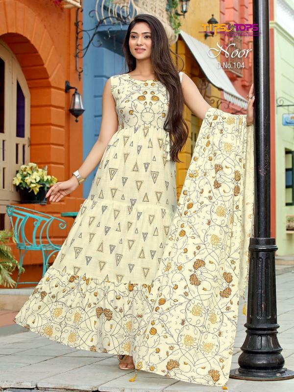 Tips and Tops Party Wear Heavy Rayon Gowns With Printed Dupatta